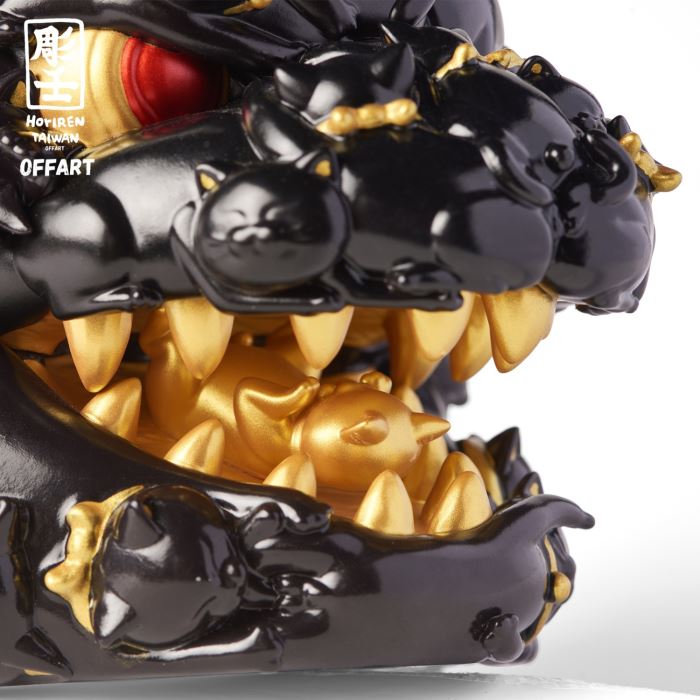 Hundred Cats Red Lotus Mini Mini Fortune Head Sculpture - Ink Gold Version