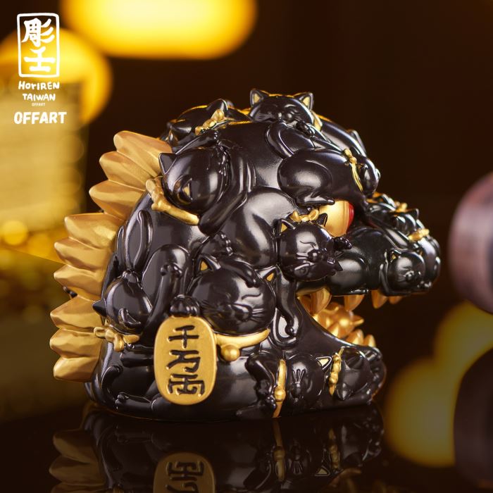 Hundred Cats Red Lotus Mini Mini Fortune Head Sculpture - Ink Gold Version