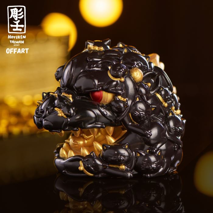 Hundred Cats Red Lotus Mini Mini Fortune Head Sculpture - Ink Gold Version