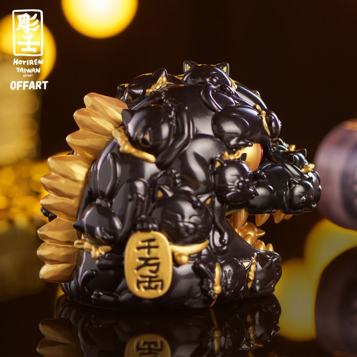 Hundred Cats Red Lotus Mini Mini Fortune Head Sculpture - Ink Gold Version