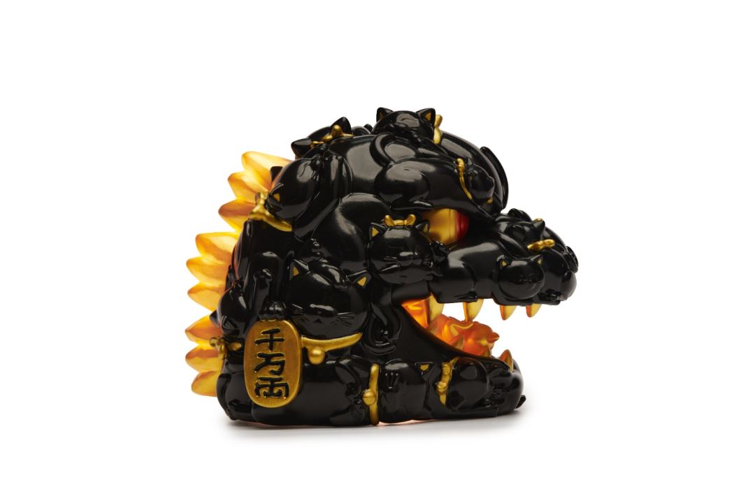 Hundred Cats Red Lotus Mini Mini Fortune Head Sculpture - Ink Gold Version