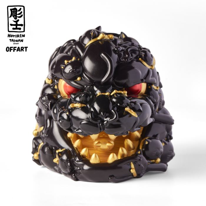 Hundred Cats Red Lotus Mini Mini Fortune Head Sculpture - Ink Gold Version