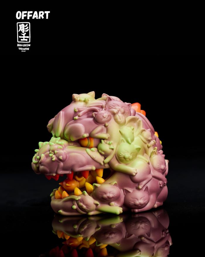 Hundred Cats Red Lotus Temperature Changing Mini Head Sculpture - Purple Flame Fusion Version