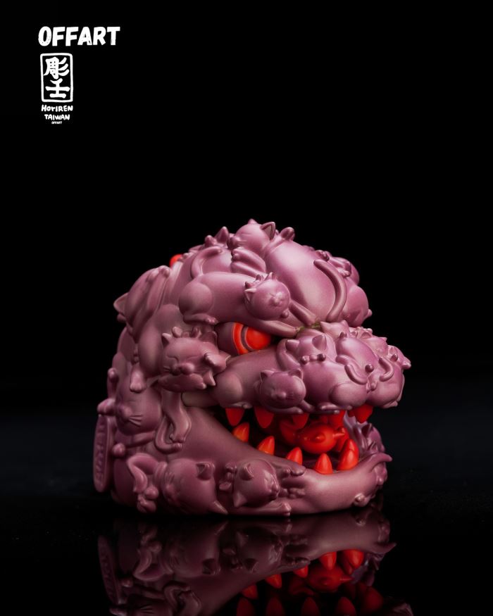 Hundred Cats Red Lotus Temperature Changing Mini Head Sculpture - Purple Flame Fusion Version